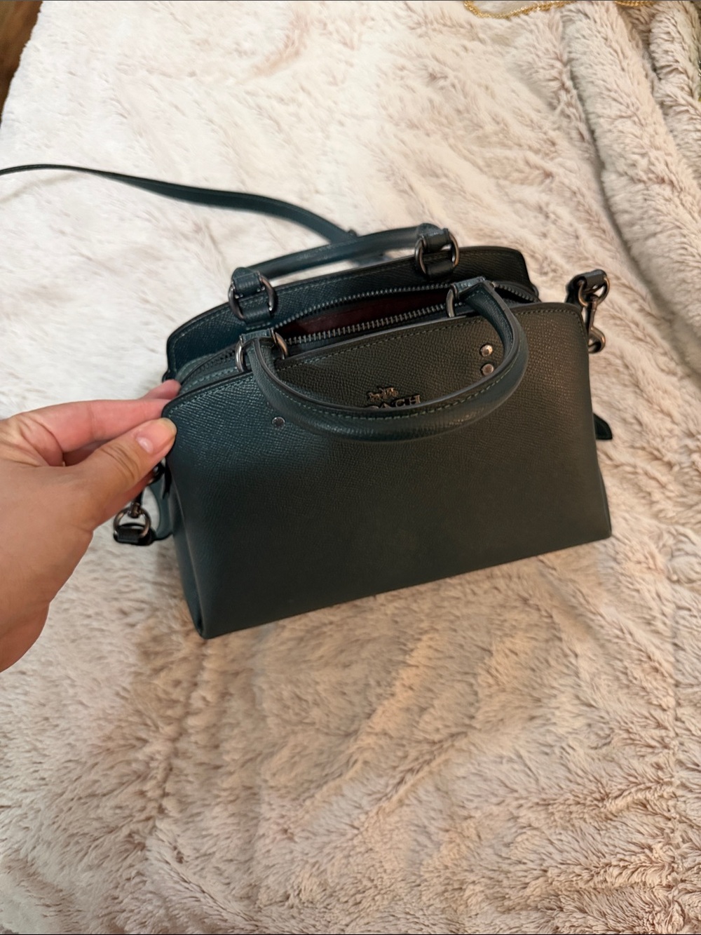 Coach Dark Green Pebbled Leather Satchel with Crossbody Strap